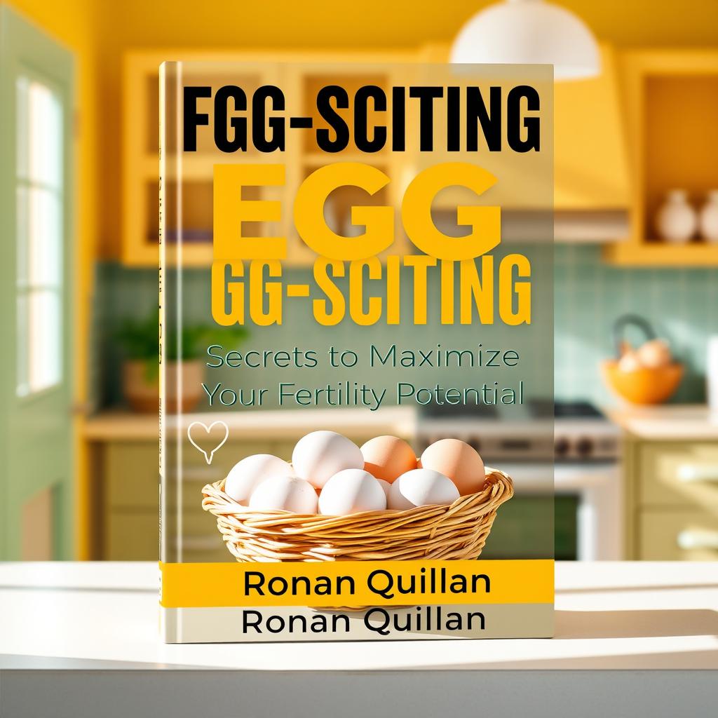 A realistic flat cover design for a book titled 'EGG-SCITING Secrets to Maximize Your Fertility Potential', set against the background of a sunny, vibrant kitchen