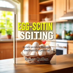A realistic flat cover design for a book titled 'EGG-SCITING Secrets to Maximize Your Fertility Potential', set against the background of a sunny, vibrant kitchen