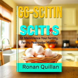 A realistic flat cover design for a book titled 'EGG-SCITING Secrets to Maximize Your Fertility Potential', set against the background of a sunny, vibrant kitchen