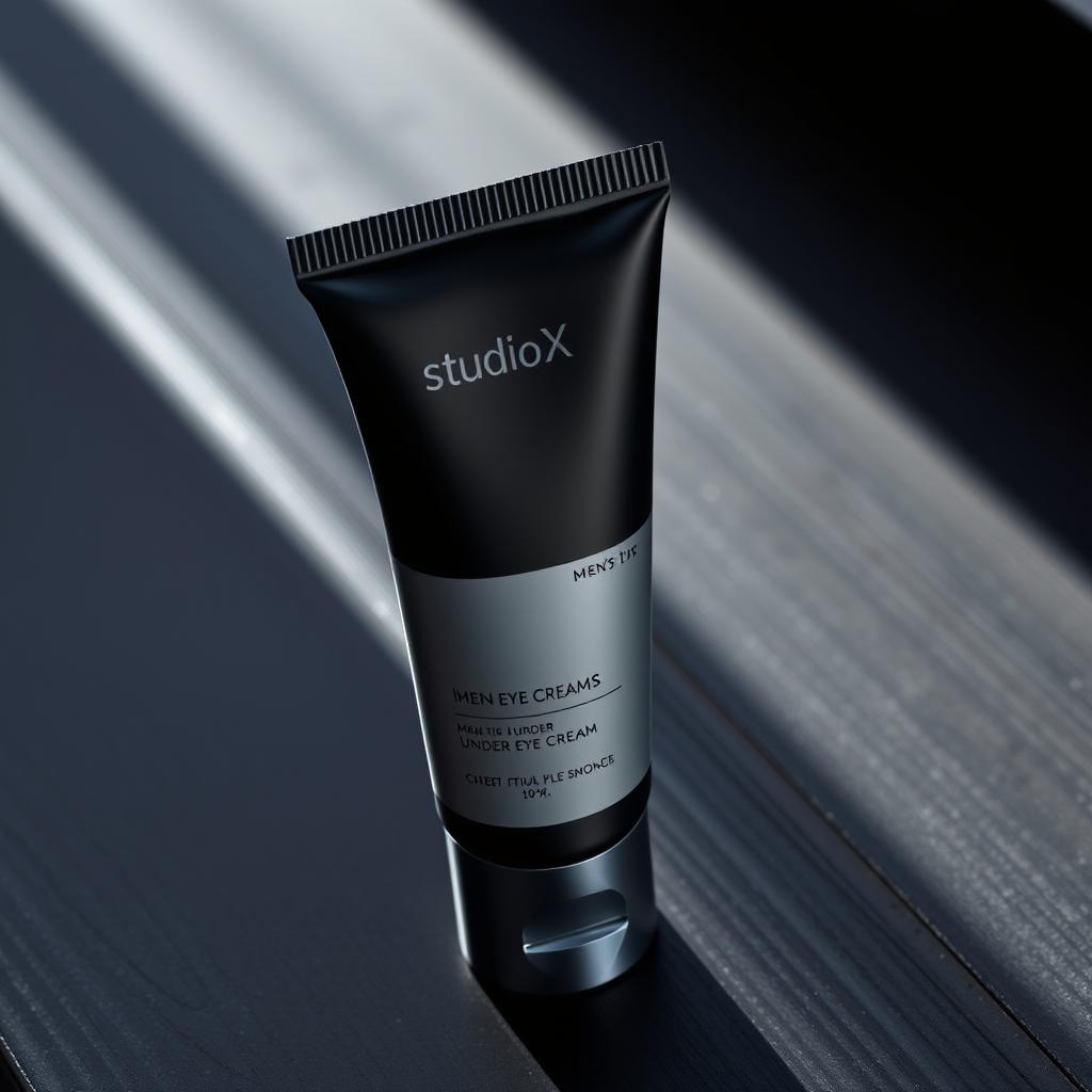 A sleek, modern packaging design for StudioX men's under eye cream, featuring a matte black tube with a silver cap
