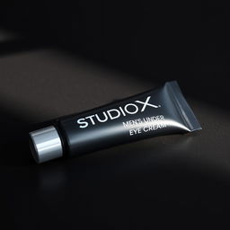 A sleek, modern packaging design for StudioX men's under eye cream, featuring a matte black tube with a silver cap