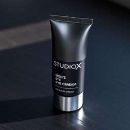 A sleek, modern packaging design for StudioX men's under eye cream, featuring a matte black tube with a silver cap
