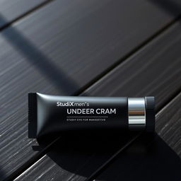 A sleek, modern packaging design for StudioX men's under eye cream, featuring a matte black tube with a silver cap