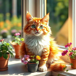 A realistic and adorable cat sitting gracefully on a sunny windowsill, with soft sunlight pouring in