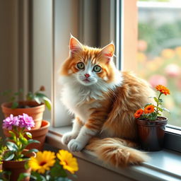 A realistic and adorable cat sitting gracefully on a sunny windowsill, with soft sunlight pouring in