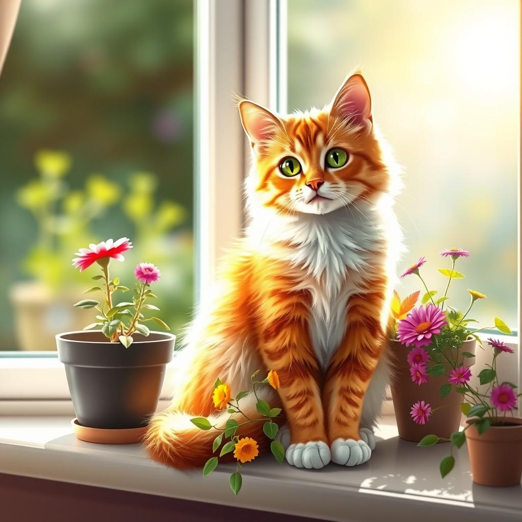 A realistic and adorable cat sitting gracefully on a sunny windowsill, with soft sunlight pouring in