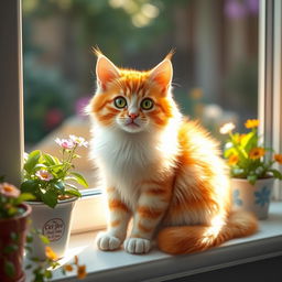 A realistic and adorable cat sitting gracefully on a sunny windowsill, with soft sunlight pouring in
