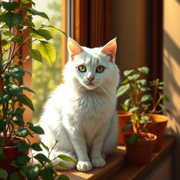 A realistic depiction of a white cat, showcasing its soft fur and striking green eyes