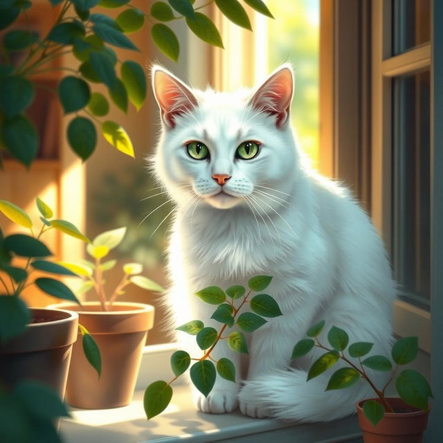 A realistic depiction of a white cat, showcasing its soft fur and striking green eyes