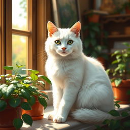 A realistic depiction of a white cat, showcasing its soft fur and striking green eyes