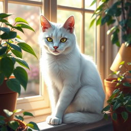 A realistic depiction of a white cat, showcasing its soft fur and striking green eyes