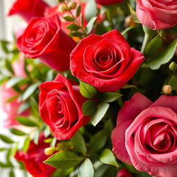 A close-up view of a beautifully arranged and detailed floral arrangement featuring vivid red and pink roses, with lush green foliage surrounding them