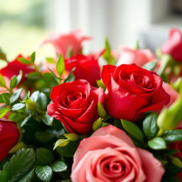 A close-up view of a beautifully arranged and detailed floral arrangement featuring vivid red and pink roses, with lush green foliage surrounding them