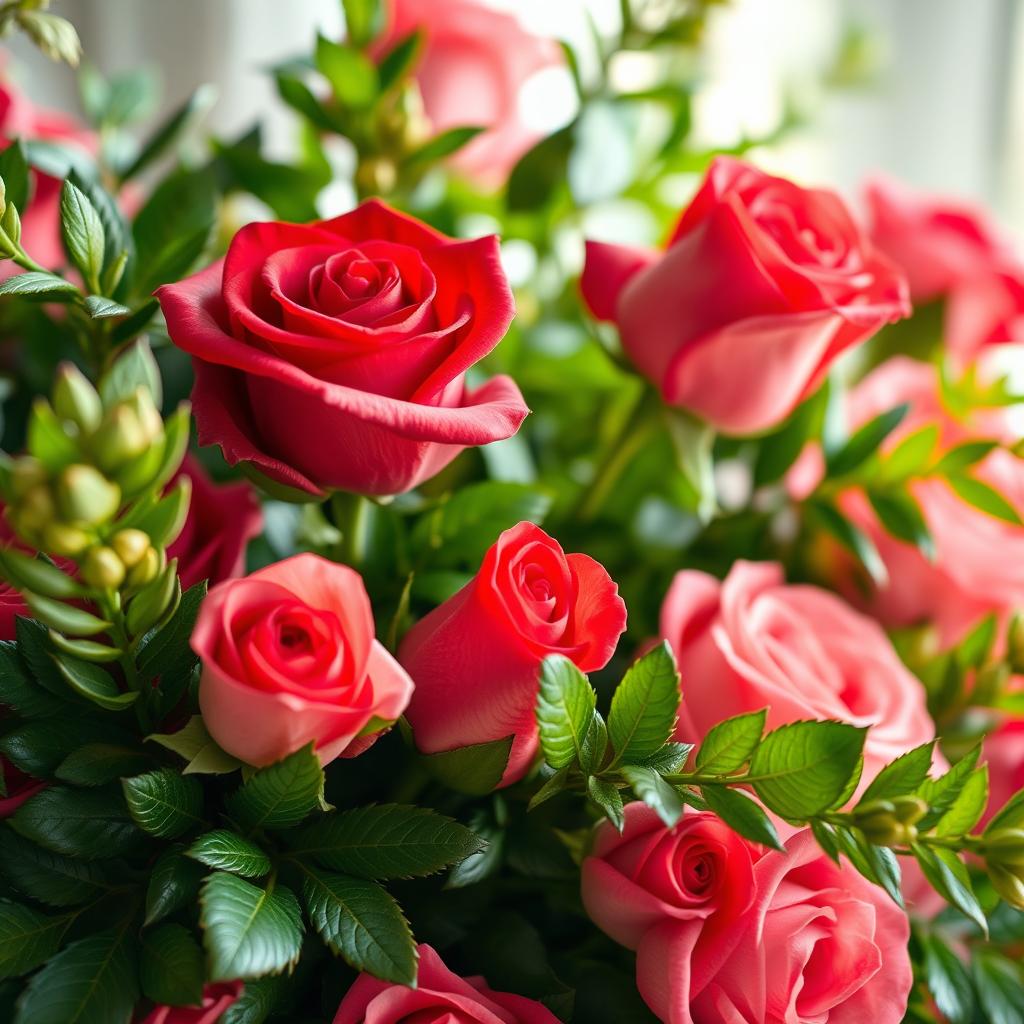 A close-up view of a beautifully arranged and detailed floral arrangement featuring vivid red and pink roses, with lush green foliage surrounding them