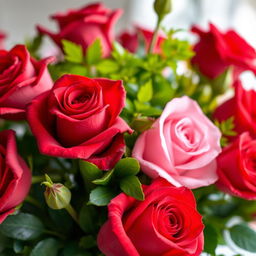 A close-up view of a beautifully arranged and detailed floral arrangement featuring vivid red and pink roses, with lush green foliage surrounding them