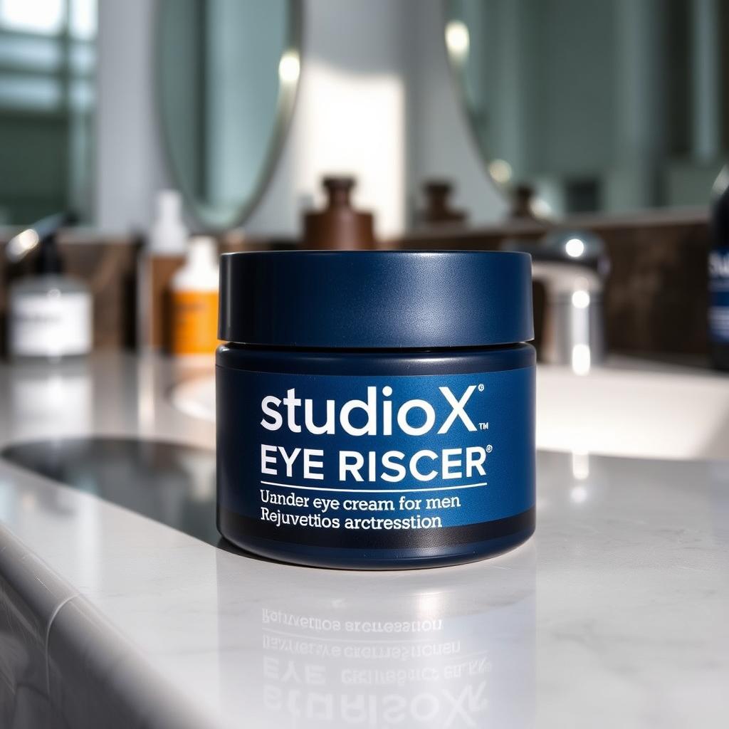 A stylish and modern product design for StudioX Eye Rescuer, an under-eye cream specifically formulated for men
