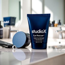 A stylish and modern product design for StudioX Eye Rescuer, an under-eye cream specifically formulated for men
