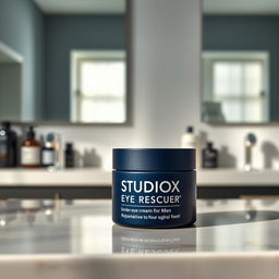 A stylish and modern product design for StudioX Eye Rescuer, an under-eye cream specifically formulated for men