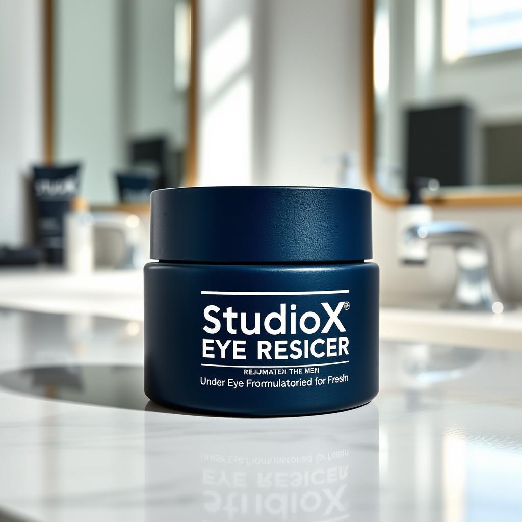 A stylish and modern product design for StudioX Eye Rescuer, an under-eye cream specifically formulated for men