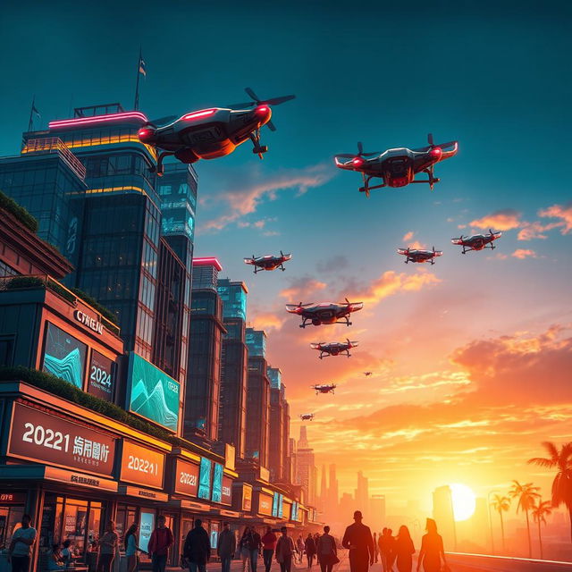 A futuristic city skyline at sunset, featuring advanced architecture and flying cars soaring through the sky