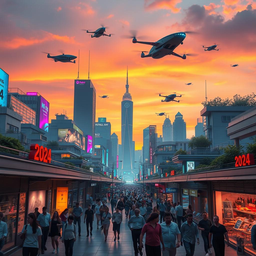 A futuristic city skyline at sunset, featuring advanced architecture and flying cars soaring through the sky