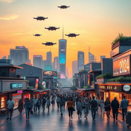 A futuristic city skyline at sunset, featuring advanced architecture and flying cars soaring through the sky