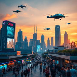 A futuristic city skyline at sunset, featuring advanced architecture and flying cars soaring through the sky