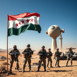 A dramatic scene featuring the Yemeni flag prominently displayed, fluttering in the wind, with a group of Yemeni soldiers in modern military uniforms standing nearby
