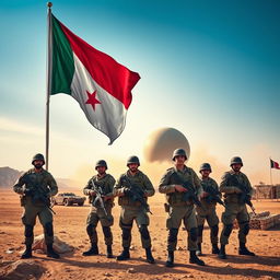 A dramatic scene featuring the Yemeni flag prominently displayed, fluttering in the wind, with a group of Yemeni soldiers in modern military uniforms standing nearby