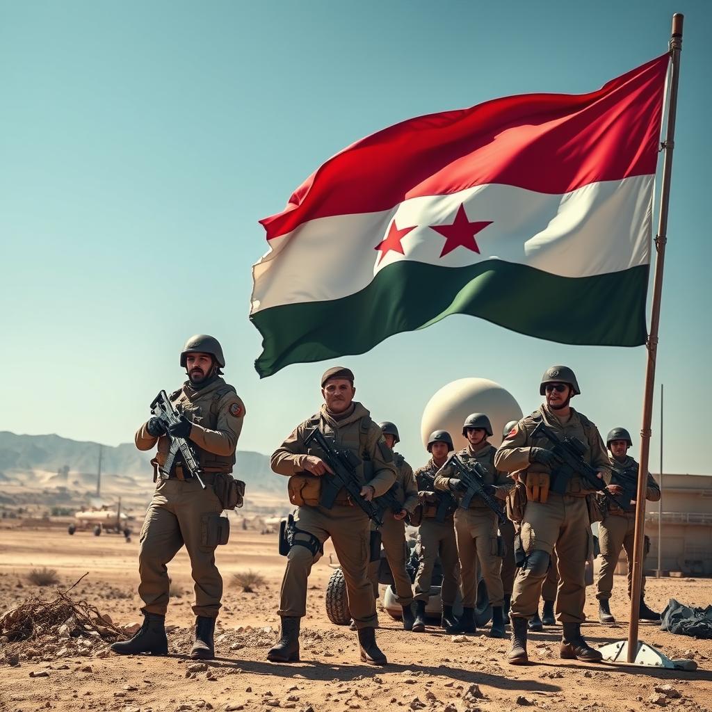 A dramatic scene featuring the Yemeni flag prominently displayed, fluttering in the wind, with a group of Yemeni soldiers in modern military uniforms standing nearby