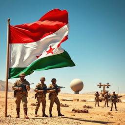 A dramatic scene featuring the Yemeni flag prominently displayed, fluttering in the wind, with a group of Yemeni soldiers in modern military uniforms standing nearby