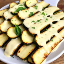 A delicious dish featuring layers of cooked zucchini slices, each layer generously coated with creamy béchamel sauce, arranged in a lasagna style