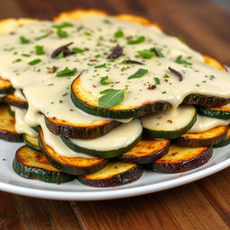 A delicious dish featuring layers of cooked zucchini slices, each layer generously coated with creamy béchamel sauce, arranged in a lasagna style