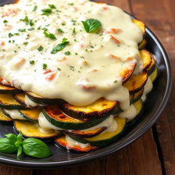 A delicious dish featuring layers of cooked zucchini slices, each layer generously coated with creamy béchamel sauce, arranged in a lasagna style