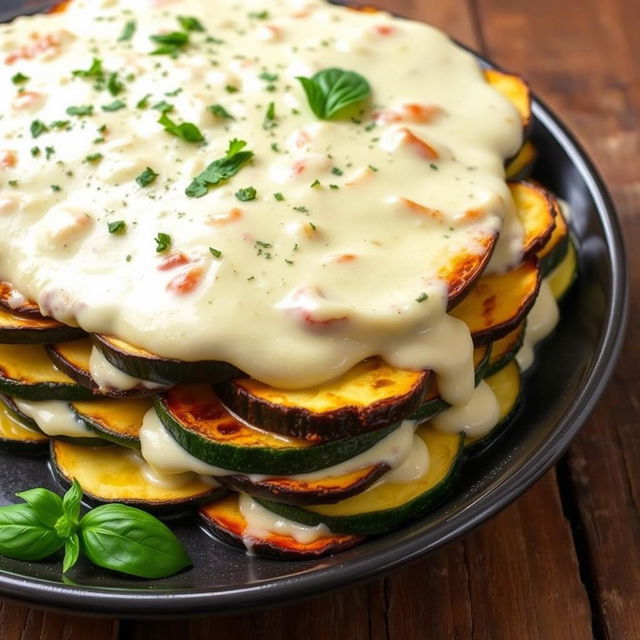 A delicious dish featuring layers of cooked zucchini slices, each layer generously coated with creamy béchamel sauce, arranged in a lasagna style