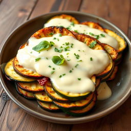 A delicious dish featuring layers of cooked zucchini slices, each layer generously coated with creamy béchamel sauce, arranged in a lasagna style
