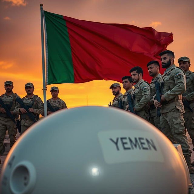 A dramatic scene featuring the flag of Yemen waving proudly in the background