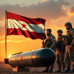 A dramatic scene featuring the flag of Yemen waving proudly in the background