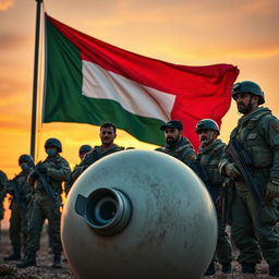 A dramatic scene featuring the flag of Yemen waving proudly in the background