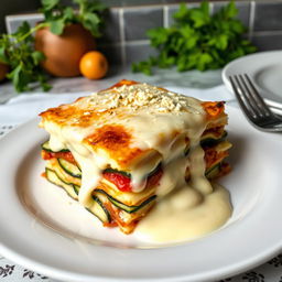 A delicious lasagna made with layers of zucchini slices instead of pasta, generously topped with a creamy béchamel sauce
