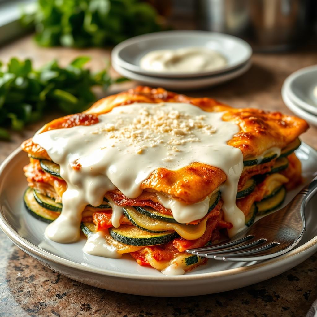 A delicious lasagna made with layers of zucchini slices instead of pasta, generously topped with a creamy béchamel sauce