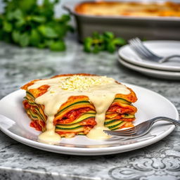 A delicious lasagna made with layers of zucchini slices instead of pasta, generously topped with a creamy béchamel sauce
