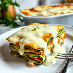 A delicious lasagna made with layers of zucchini slices instead of pasta, generously topped with a creamy béchamel sauce