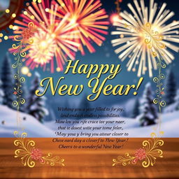 A beautifully designed New Year card featuring a festive background with sparkling fireworks and a serene winter landscape