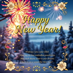 A beautifully designed New Year card featuring a festive background with sparkling fireworks and a serene winter landscape