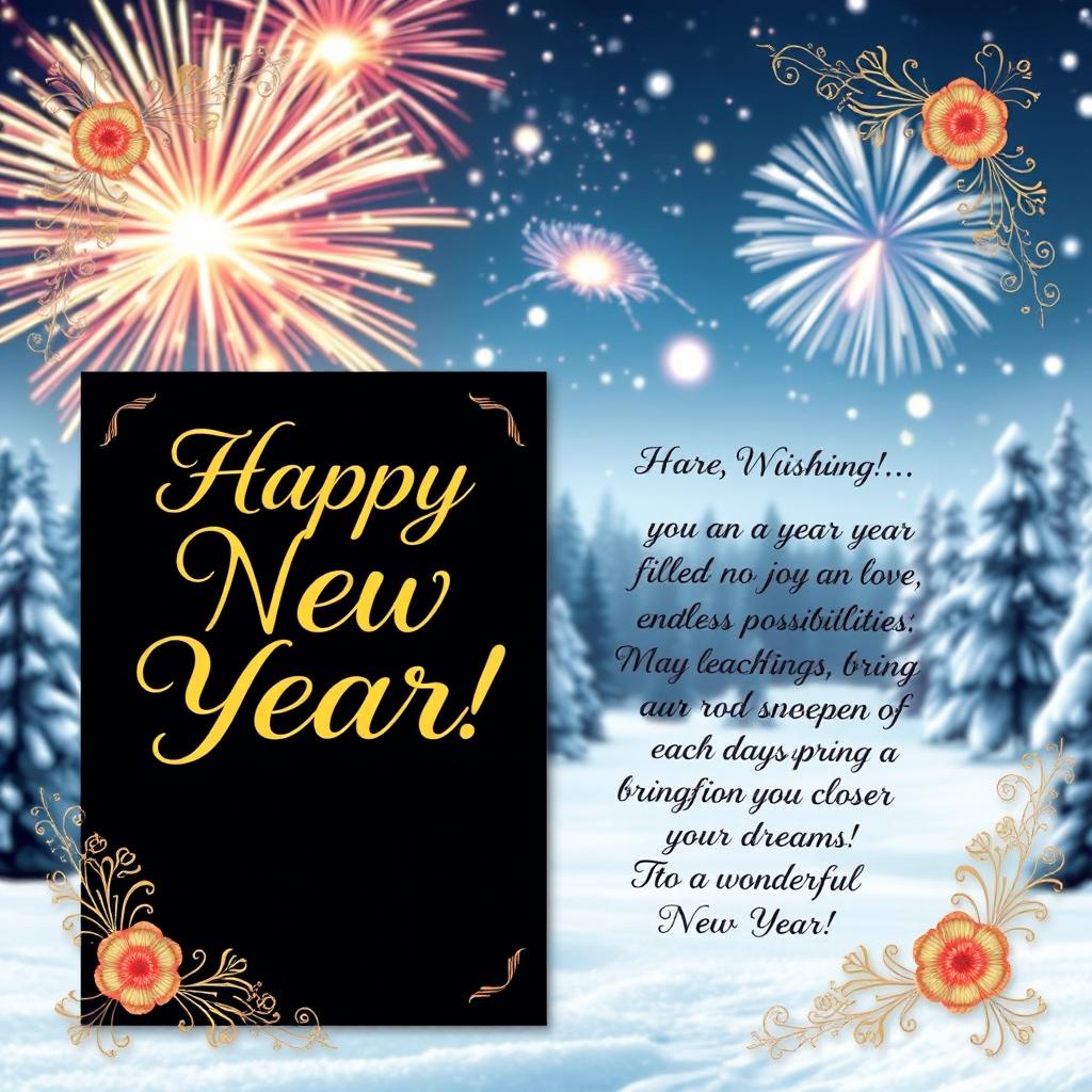 A beautifully designed New Year card featuring a festive background with sparkling fireworks and a serene winter landscape