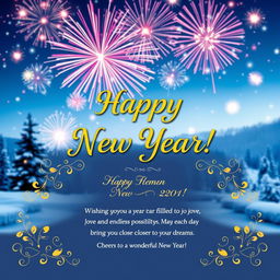 A beautifully designed New Year card featuring a festive background with sparkling fireworks and a serene winter landscape