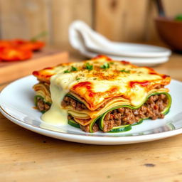 A delicious plate of lasagna made with thinly sliced zucchini instead of pasta, layered with seasoned ground beef and creamy béchamel sauce