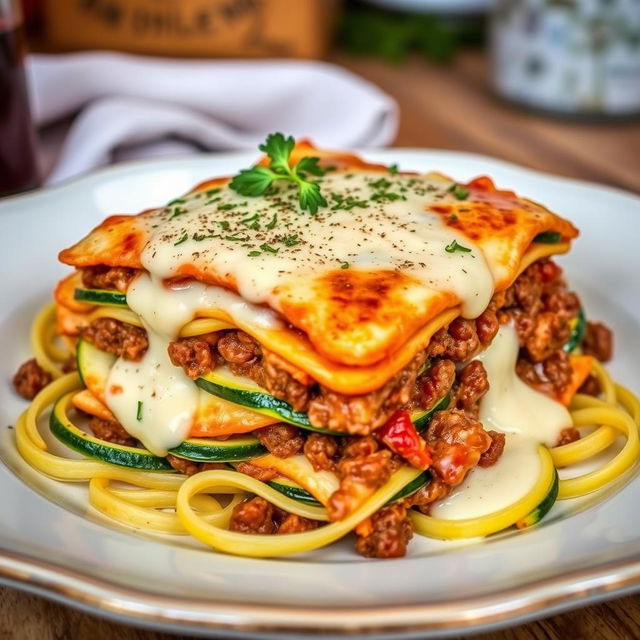 A delicious plate of lasagna made with thinly sliced zucchini instead of pasta, layered with seasoned ground beef and creamy béchamel sauce