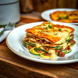 A delicious plate of lasagna made with thinly sliced zucchini instead of pasta, layered with seasoned ground beef and creamy béchamel sauce